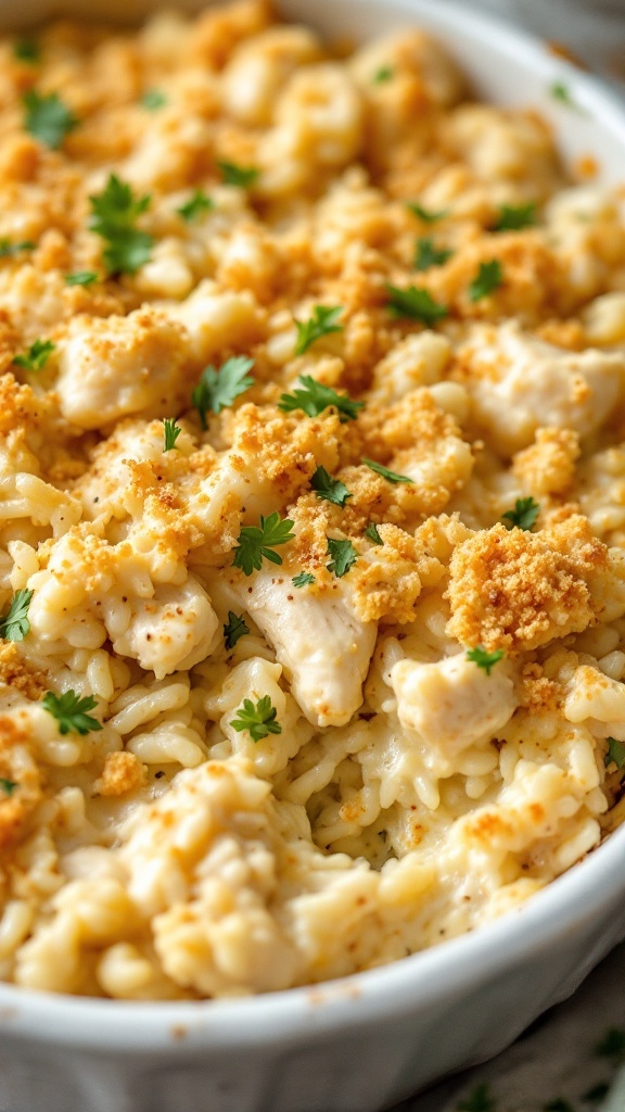 A delicious creamy chicken and rice casserole topped with breadcrumbs and parsley.