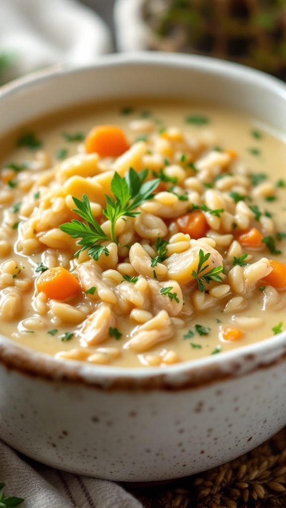 A bowl of creamy chicken and wild rice soup with vegetables