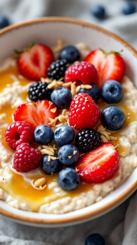 Bowl of cottage cheese overnight oats topped with fresh berries and honey
