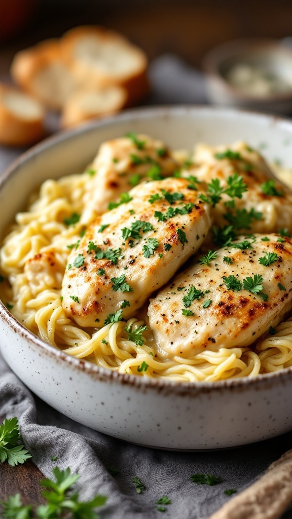 A bowl of creamy garlic parmesan chicken served over noodles, garnished with parsley.