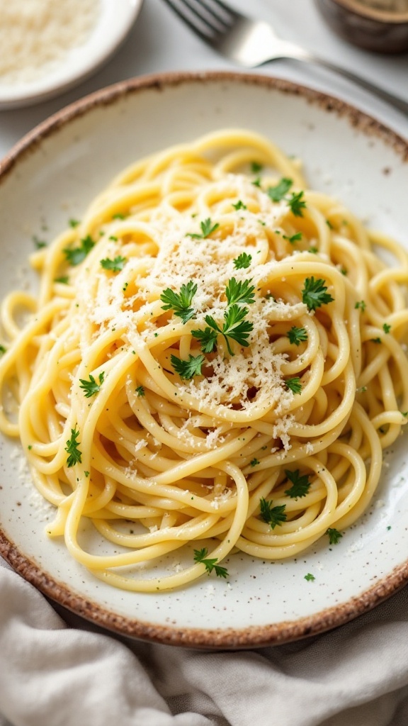 A bowl of creamy garlic parmesan pasta garnished with parsley.