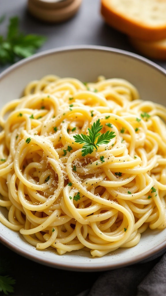 A bowl of creamy garlic parmesan pasta topped with parsley.