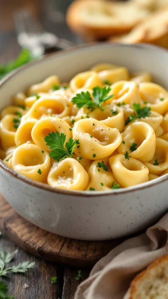 A bowl of creamy garlic Parmesan tortellini garnished with parsley.