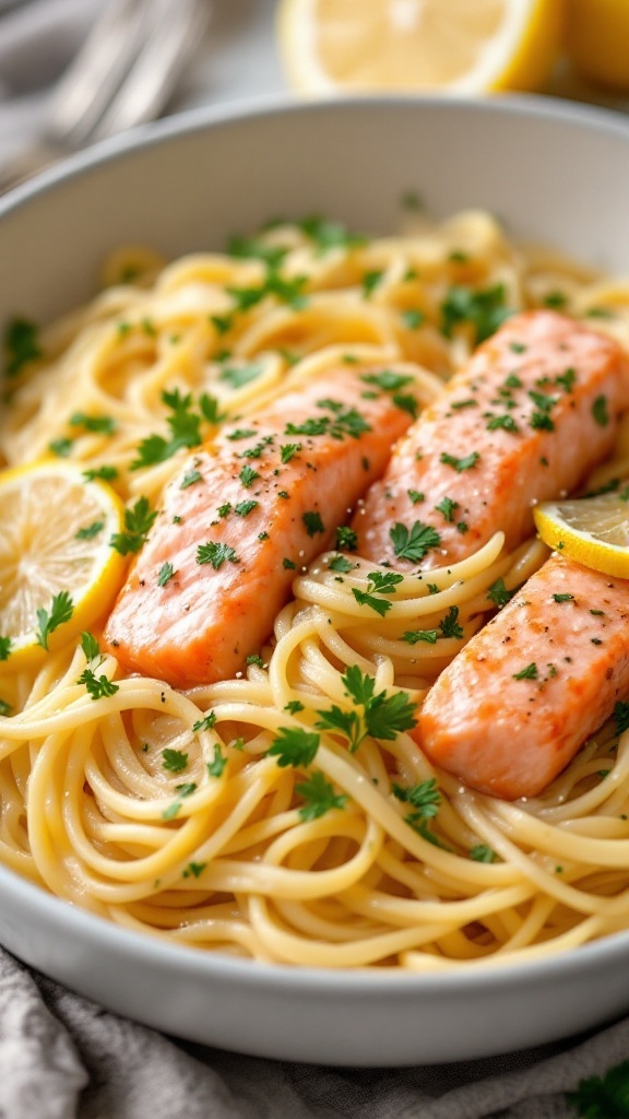 A bowl of creamy garlic salmon pasta topped with parsley and lemon slices.