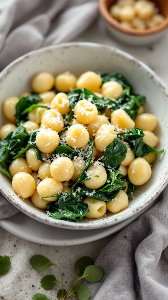 A bowl of creamy gnocchi with spinach and ricotta