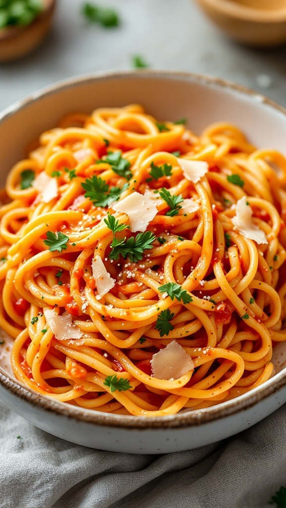 Creamy gochujang pasta garnished with parsley and Parmesan cheese.