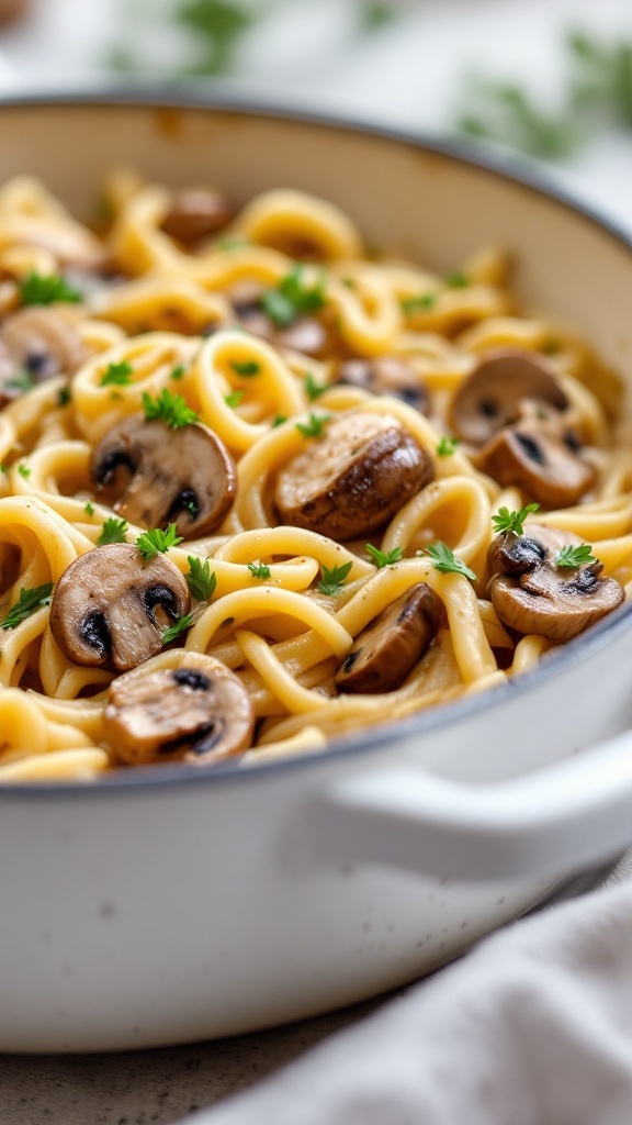 Creamy Mushroom and Chicken Pasta served in a pot
