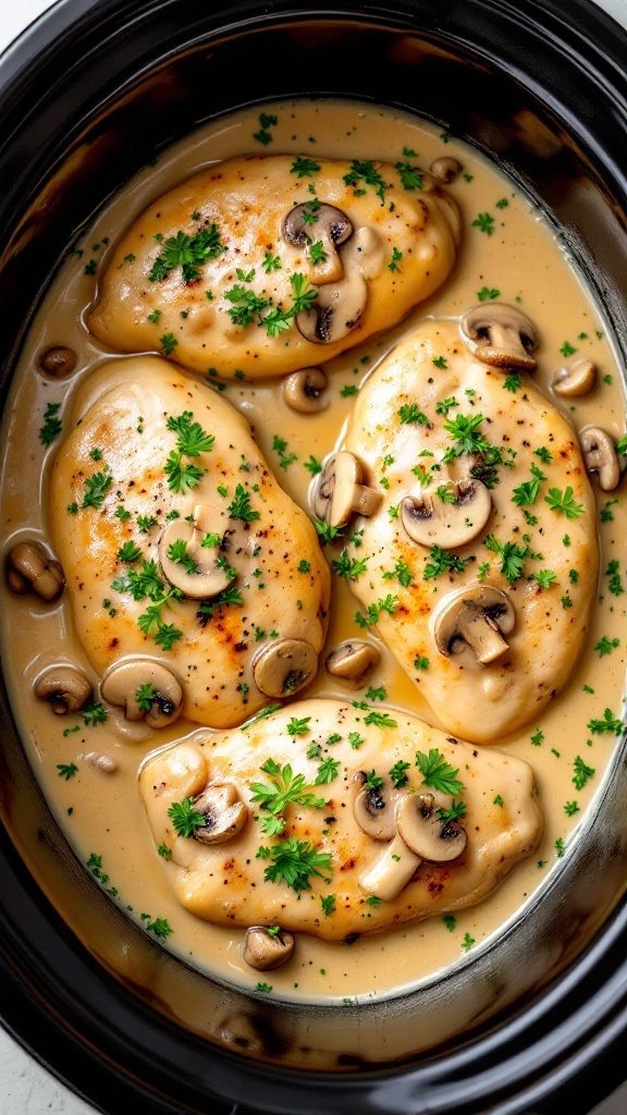 Creamy Mushroom Chicken in a crockpot with herbs and mushrooms