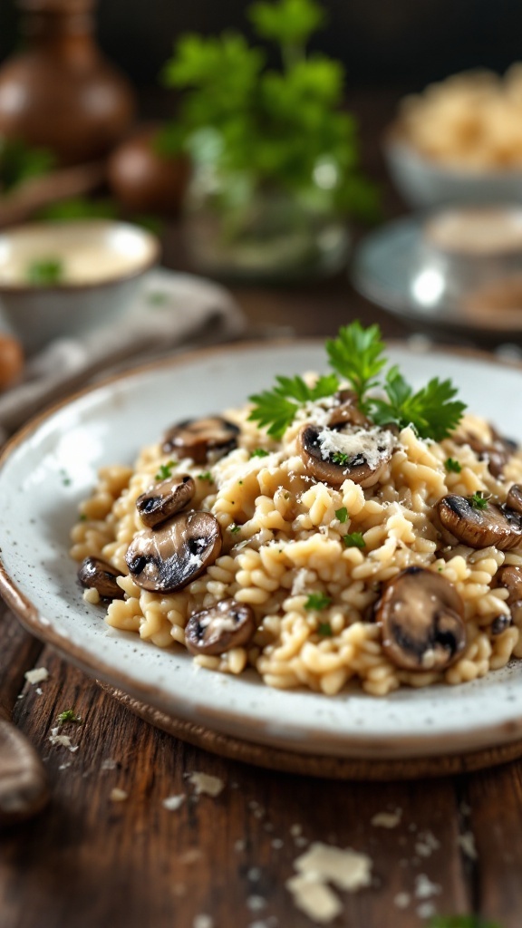 A plate of creamy mushroom risotto garnished with parsley.