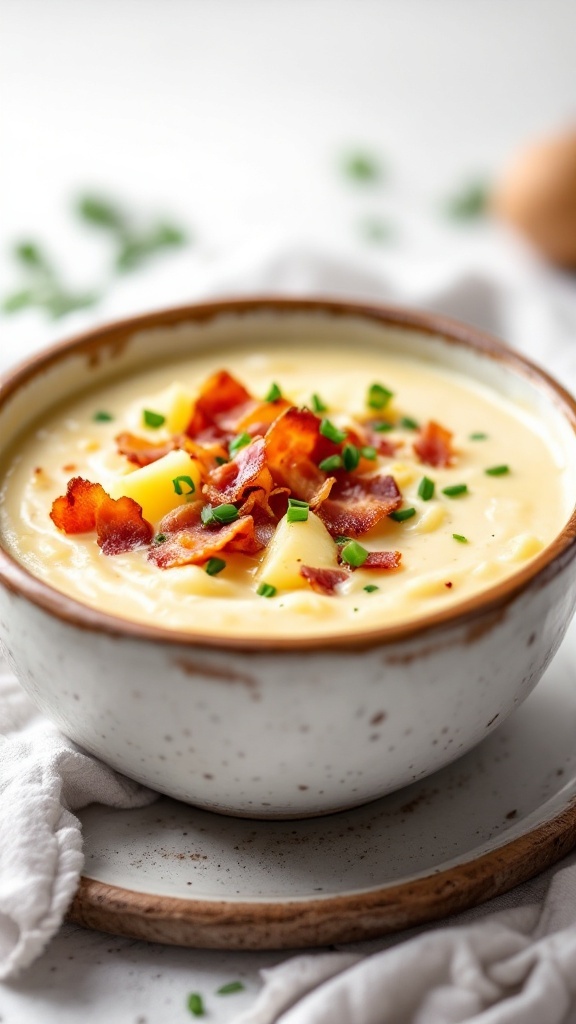 A bowl of creamy potato and leek soup topped with bacon and chives.