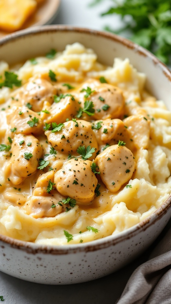 A bowl of creamy ranch chicken served over mashed potatoes, garnished with parsley.
