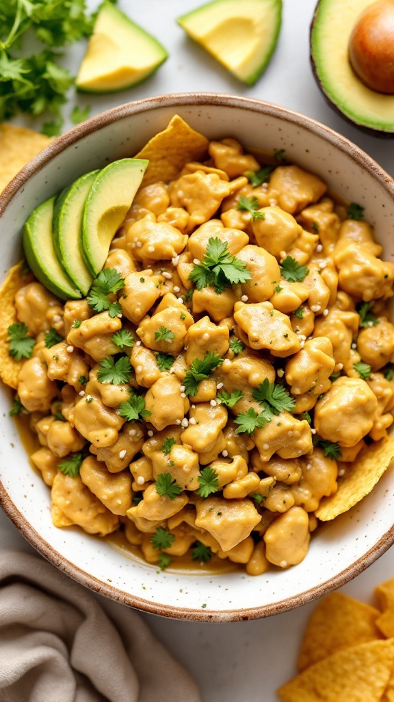 A bowl of creamy salsa verde chicken garnished with avocado and cilantro.