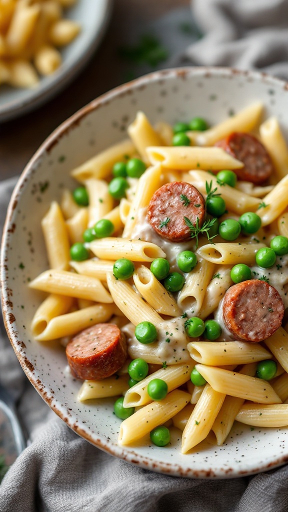 Creamy sausage pasta with peas in a bowl