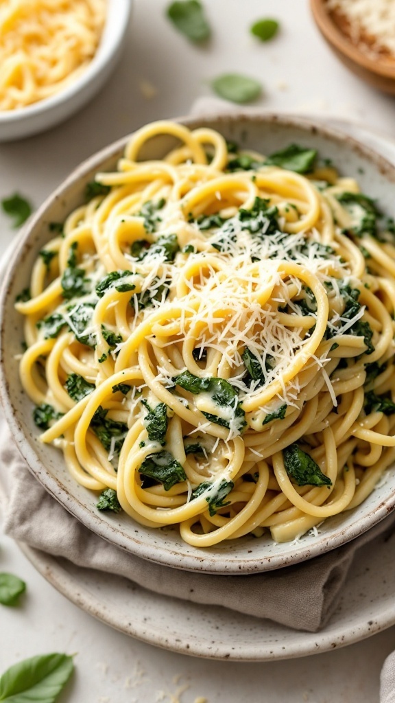 A bowl of creamy pasta with spinach and artichokes, topped with grated cheese.