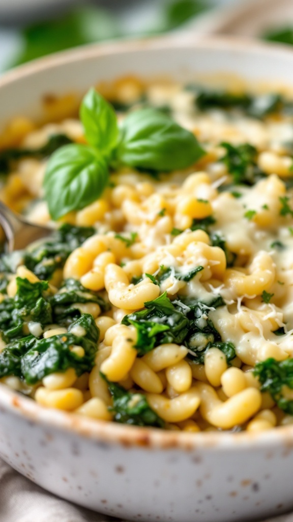 Creamy spinach and orzo bake served in a bowl