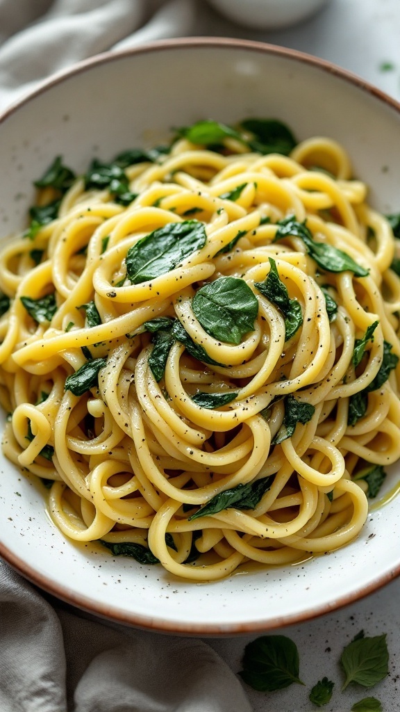 Bowl of creamy spinach fettuccine pasta