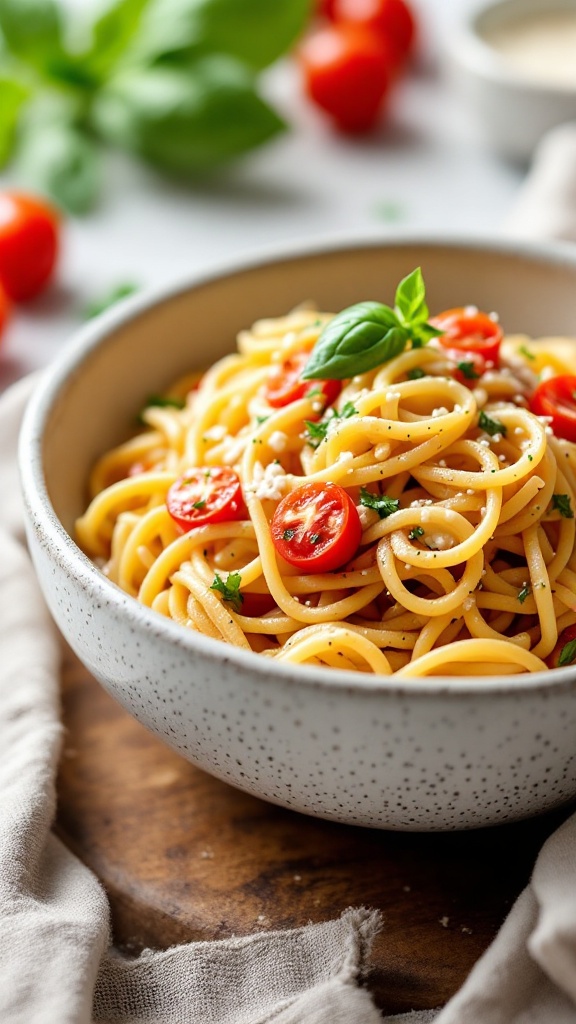 A bowl of creamy tomato basil pasta topped with fresh basil leaves.