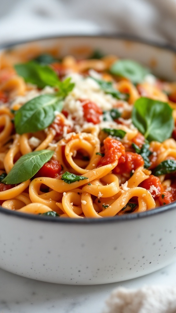 A bowl of creamy tomato spinach pasta with vibrant colors.