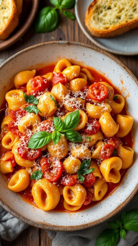 A bowl of creamy tomato tortellini pasta garnished with basil and cheese.