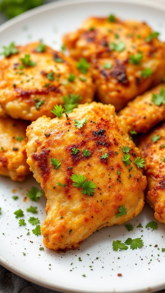 Crispy air fryer chicken thighs garnished with parsley on a plate.