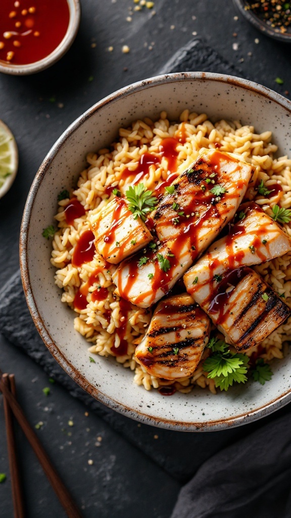 A delicious Crispy Rice Sushi Bowl with grilled chicken, fresh veggies, and sesame seeds.