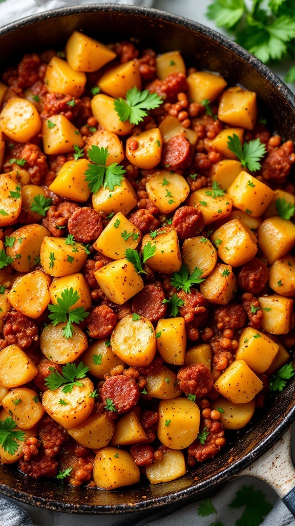 A bowl of cooked chorizo and potato hash garnished with cilantro.