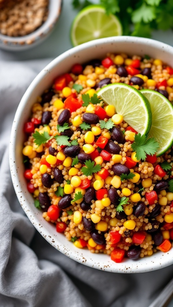 Crockpot Mexican Quinoa with vibrant vegetables and garnished with lime