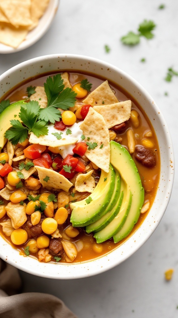 A bowl of tortilla chicken soup topped with avocado, tortilla strips, and cilantro