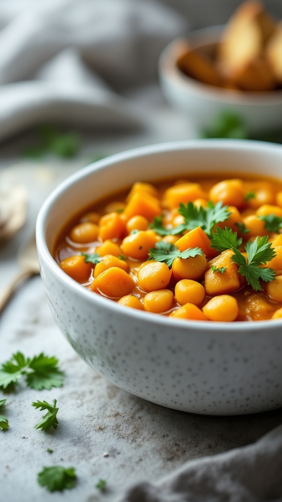 A bowl of curried butternut squash and chickpea stew garnished with parsley.