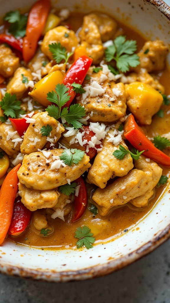 A delicious curry coconut chicken stir fry with colorful vegetables.