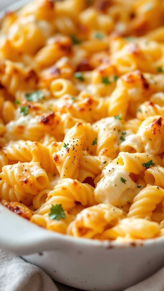 A cheesy pasta bake topped with herbs, showing a golden crust.