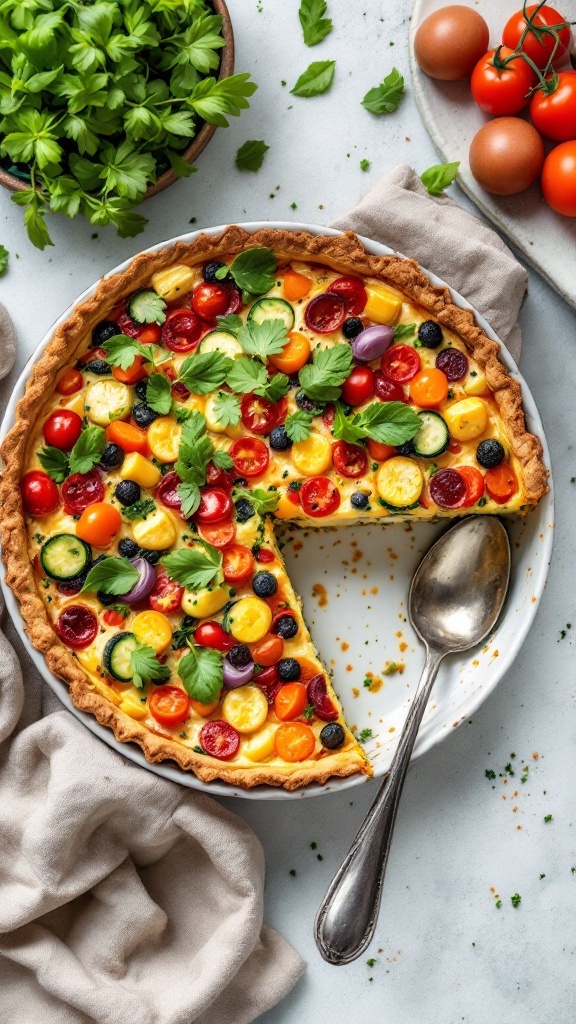 A colorful garden vegetable quiche with cottage cheese, featuring vibrant vegetables arranged beautifully.