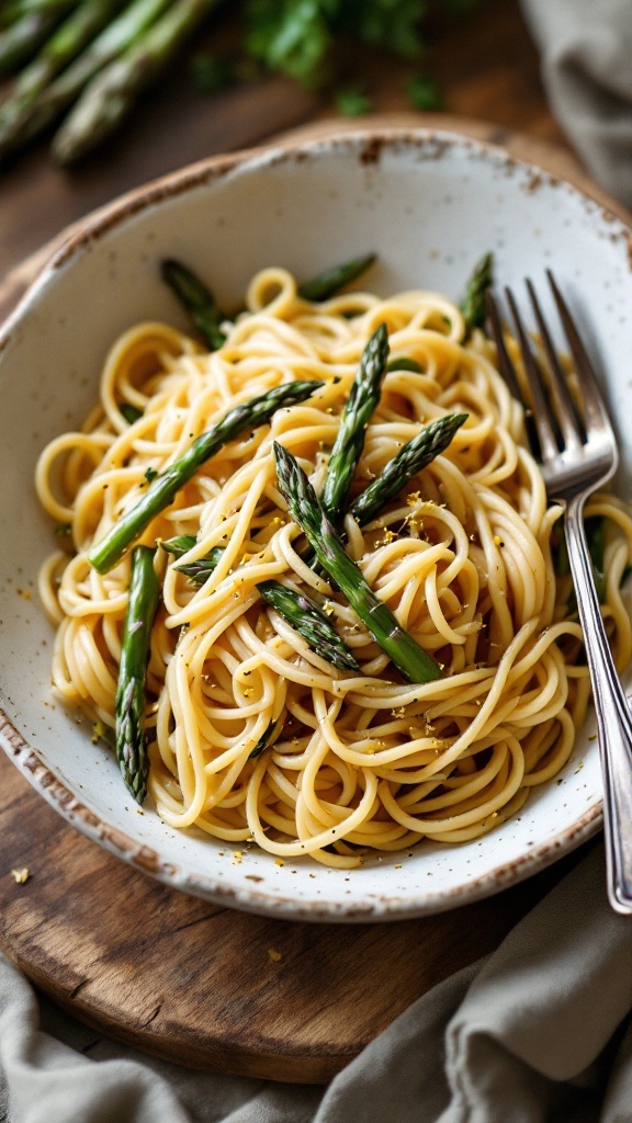 A bowl of garlic butter pasta with asparagus.