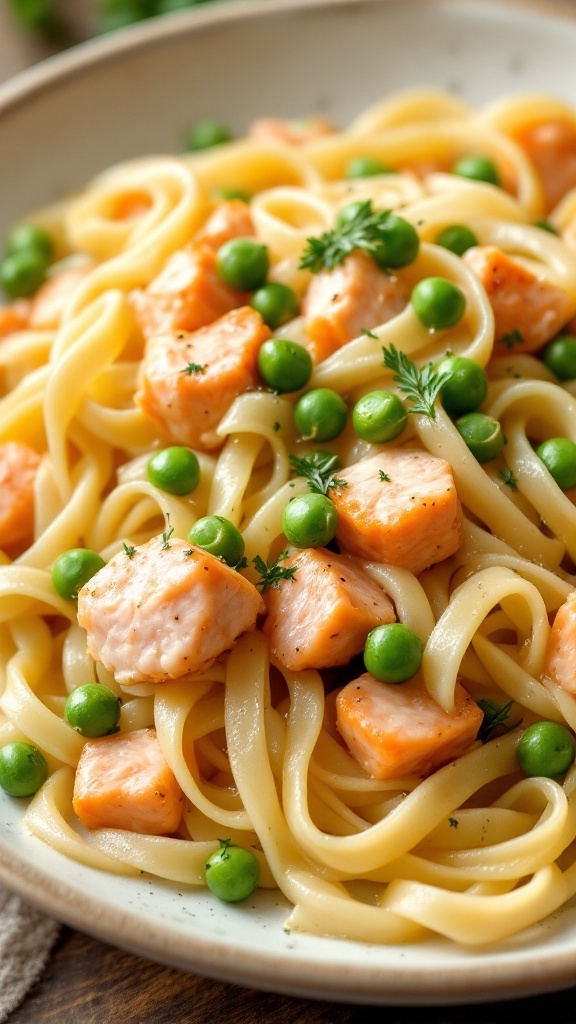 Delicious garlic butter salmon farfalle pasta with green peas