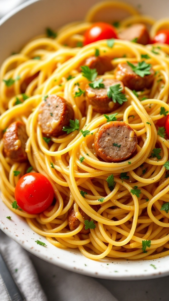 Delicious Garlic Butter Sausage and Tomato Spaghetti served in a bowl.