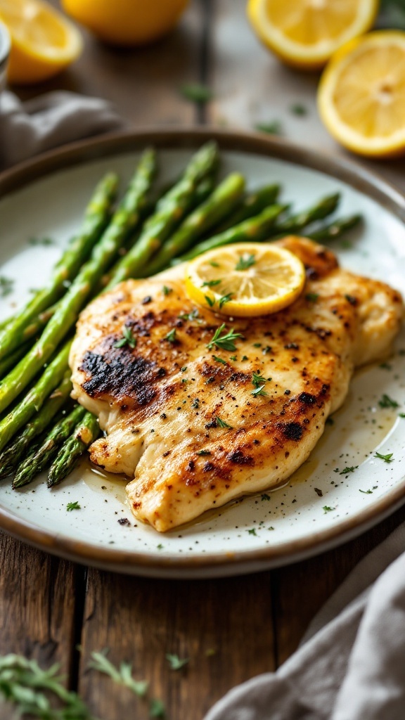 A plate of garlic lemon chicken with asparagus, garnished with lemon slices.