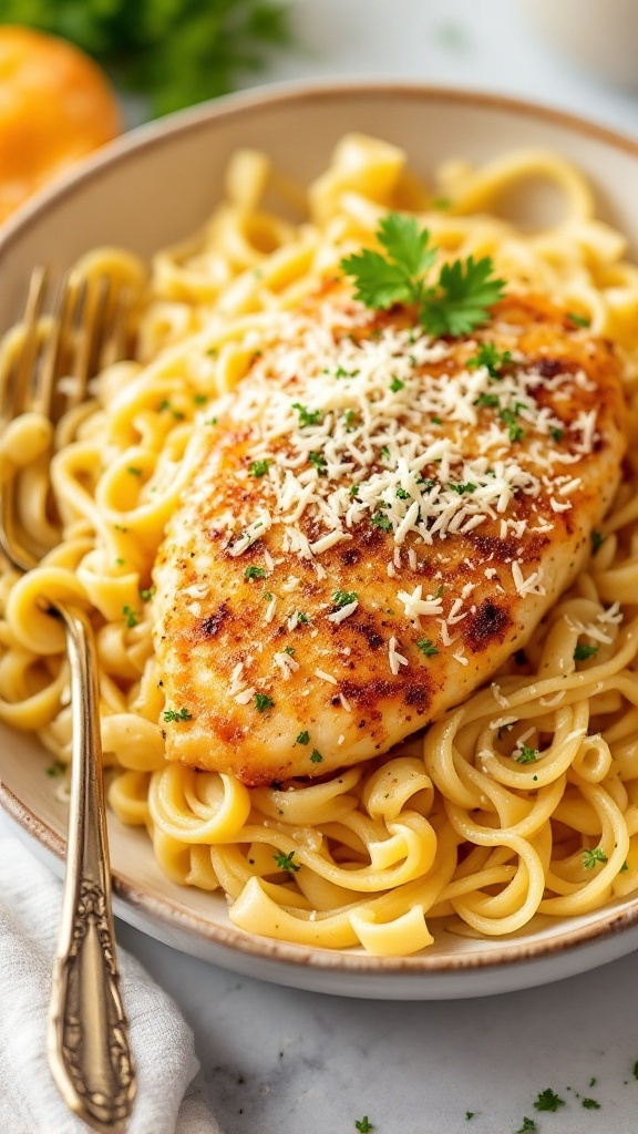 A plate of Garlic Parmesan Chicken Pasta with chicken breast on top of fettuccine.