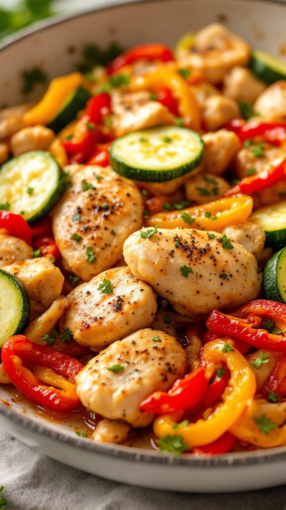 A colorful plate of garlic pepper chicken stir fry with zucchini and bell peppers.