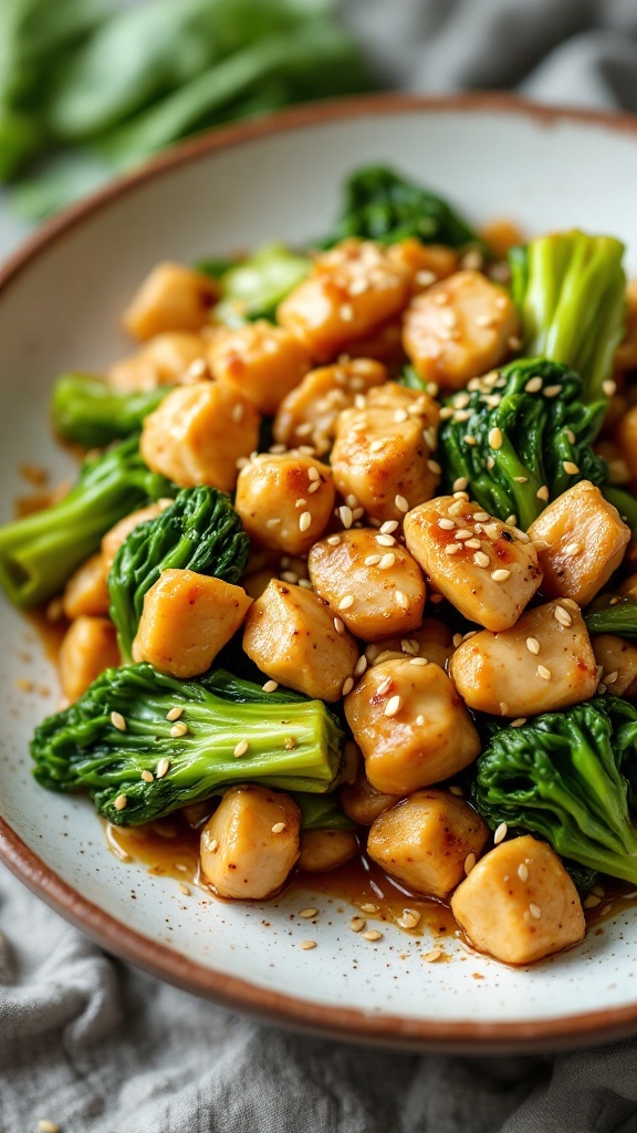 A plate of ginger sesame chicken with bok choy, garnished with sesame seeds