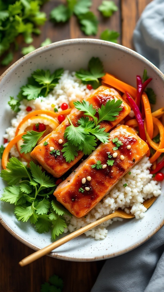 Ginger Soy Glazed Salmon Sushi Bowl with colorful vegetables and garnishes
