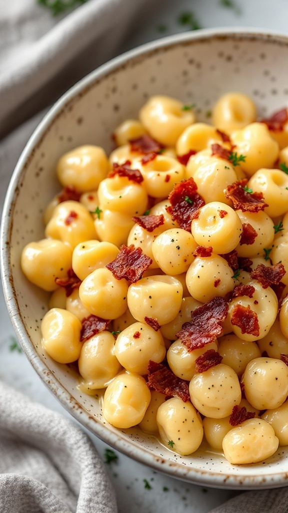 A bowl of gnocchi carbonara topped with crispy bacon and parsley.