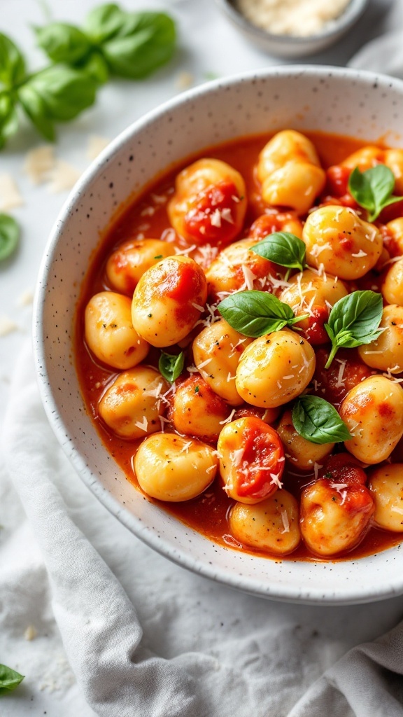 Delicious gnocchi in creamy tomato vodka sauce served in a bowl with fresh basil.