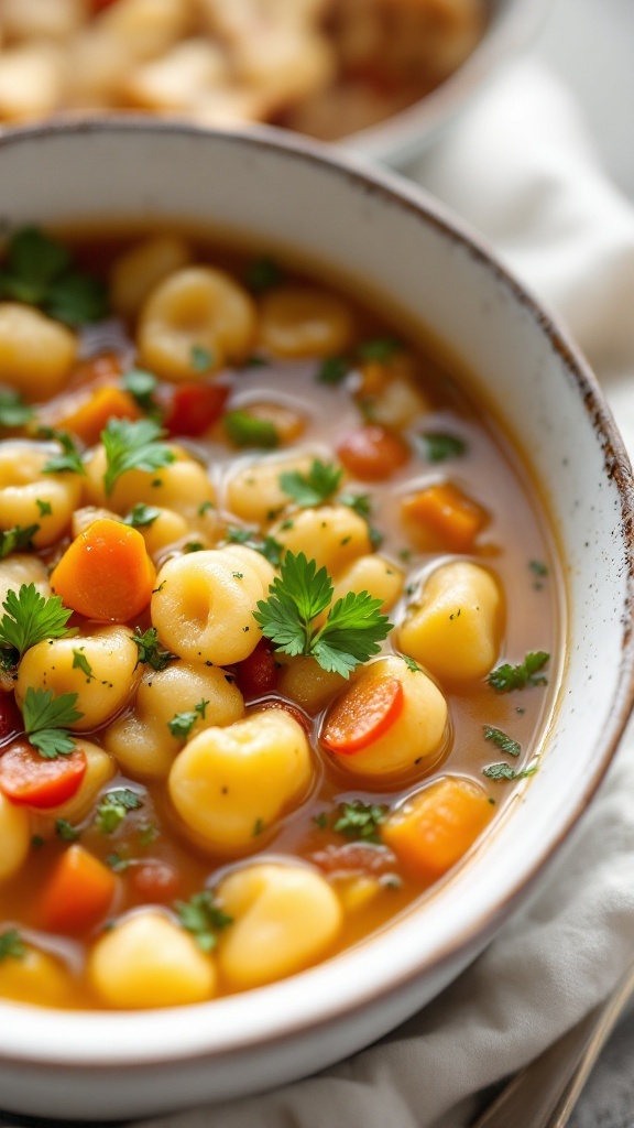 A bowl of hearty gnocchi soup with colorful vegetables, garnished with parsley.