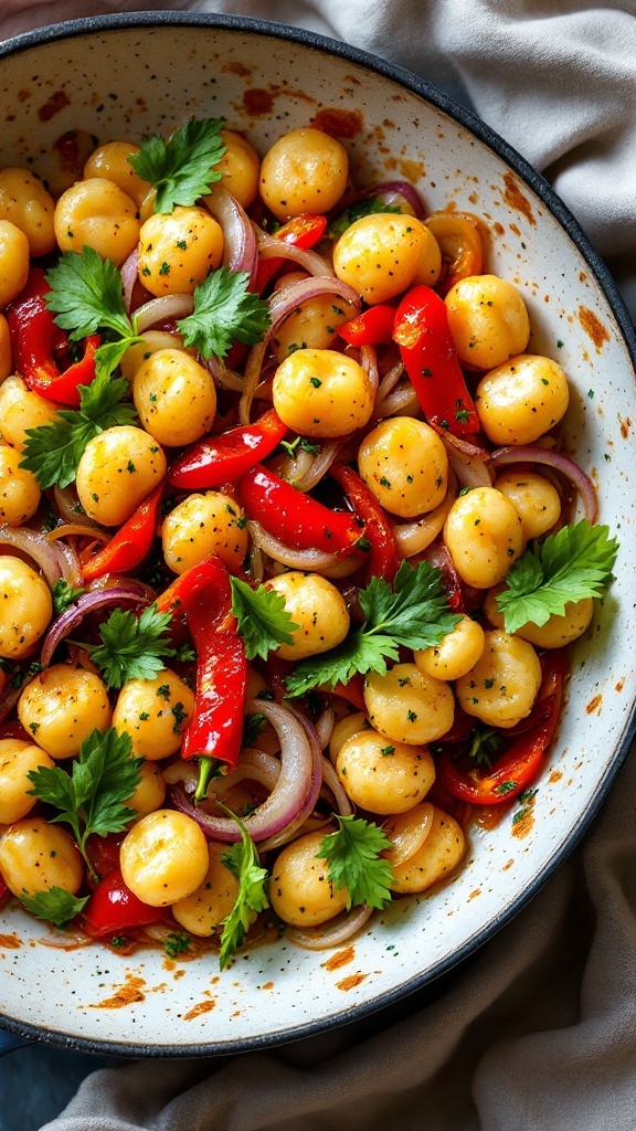 A colorful bowl of gnocchi stir-fry with bell peppers and herbs.