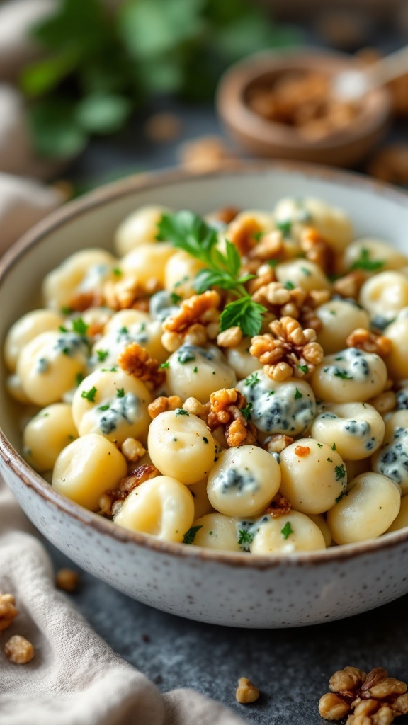 A bowl of gnocchi with blue cheese sauce and walnuts, garnished with parsley.