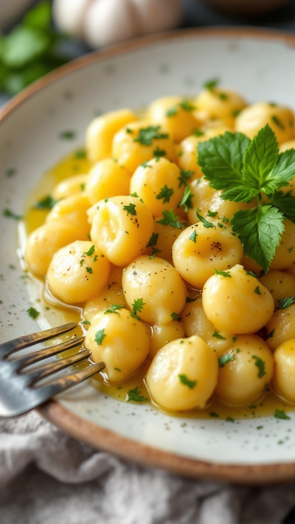 A plate of gnocchi tossed in garlic and olive oil, garnished with parsley.