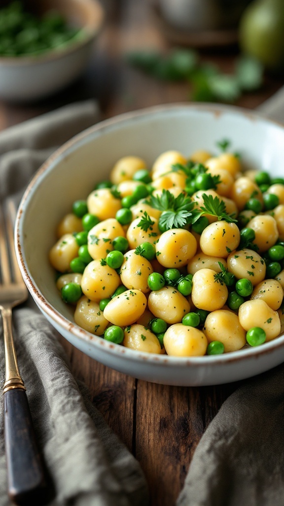 A bowl of gnocchi with herb butter and peas, garnished with herbs.