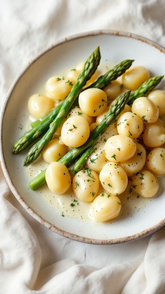 A plate of gnocchi with asparagus, garnished with parsley