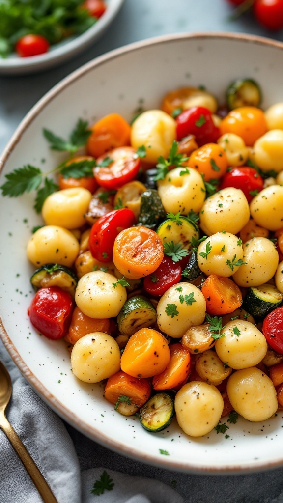 A bowl of gnocchi with a variety of roasted vegetables, garnished with fresh herbs.