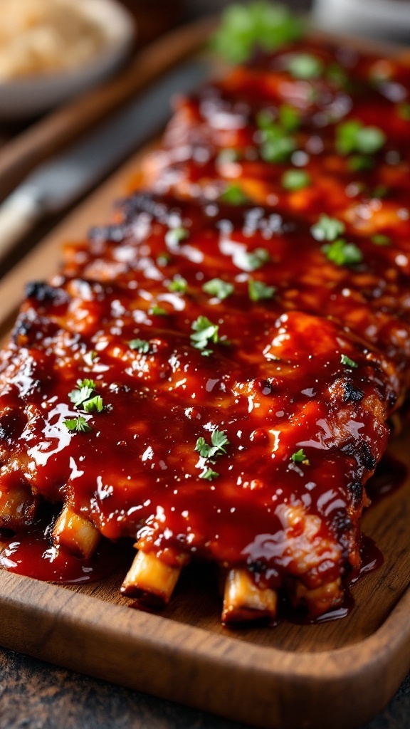 Delicious Gochujang BBQ ribs with a sticky glaze garnished with green onions